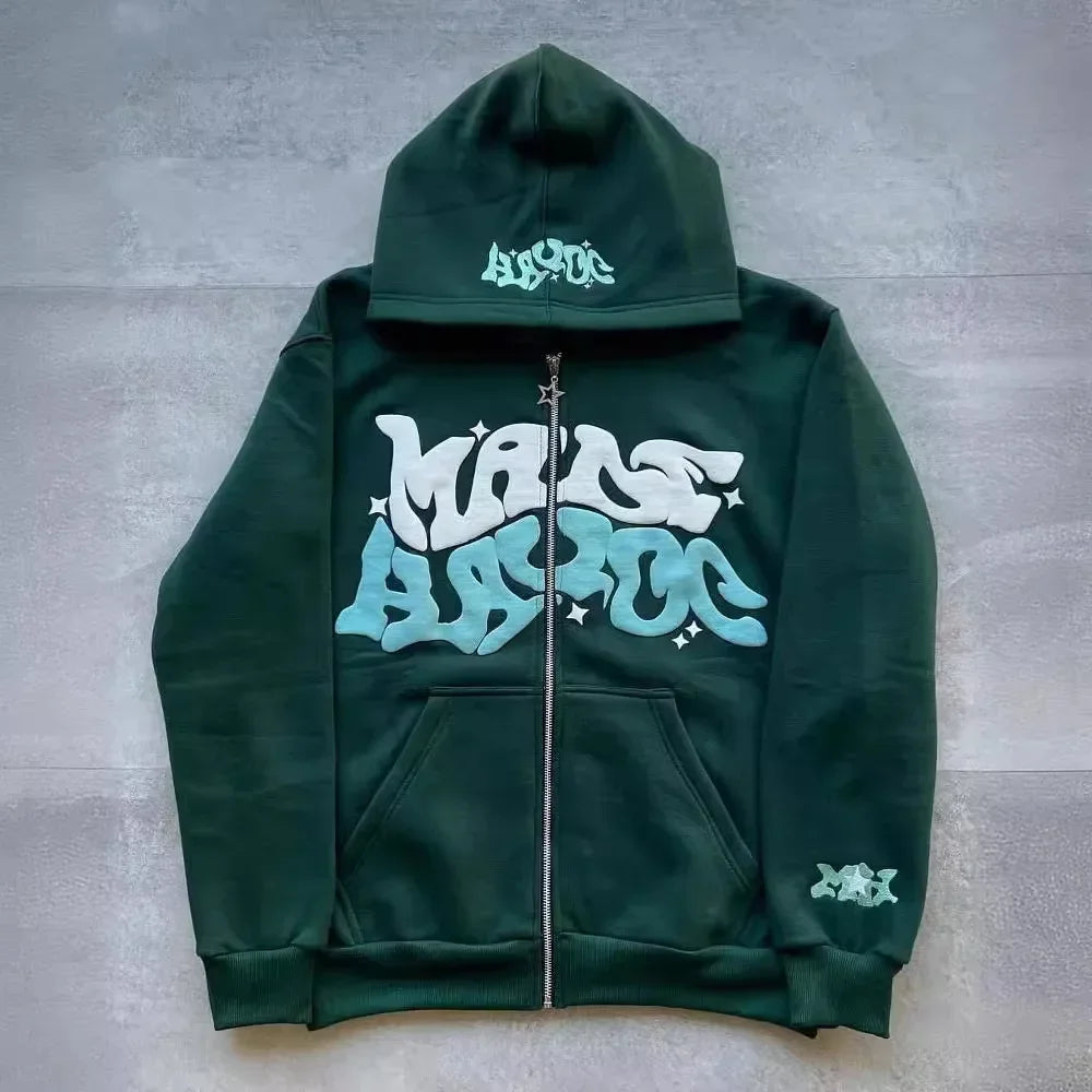 Retro American Letter Zip-Up Hoodie
